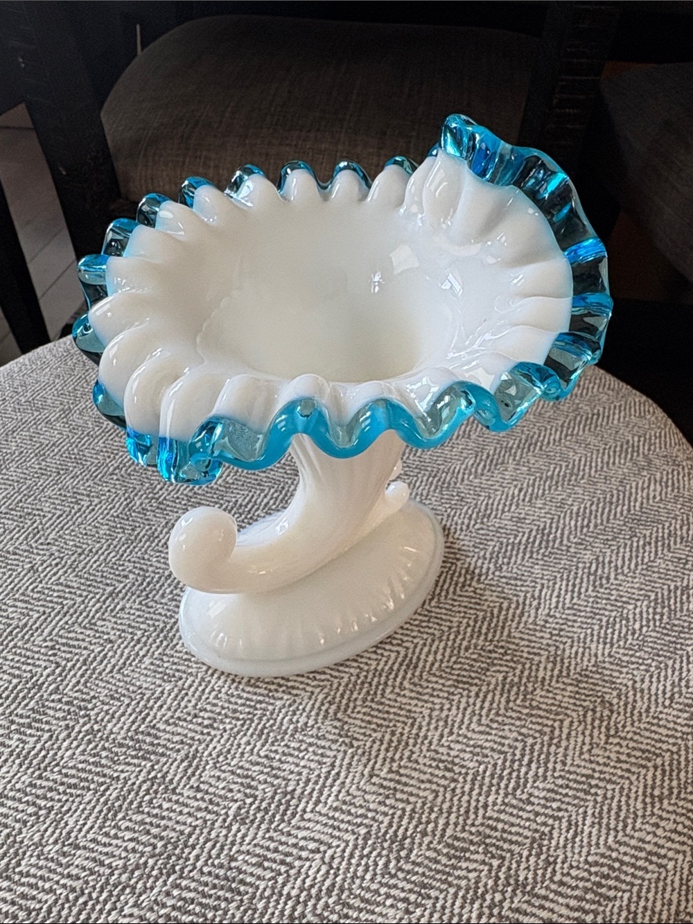 Fenton Glass Cornucopia Candle Holder with Aqua Blue Crest Ruffled Edge